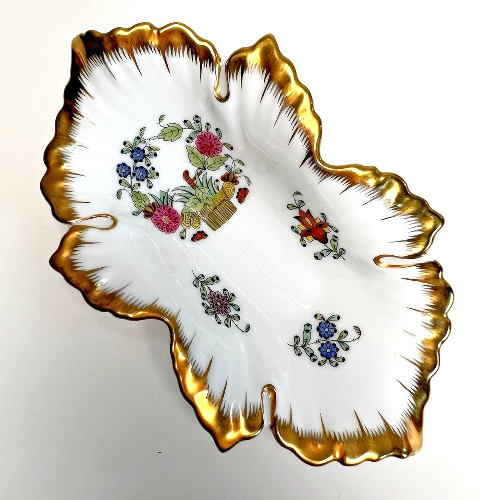 Herend Hungary Porcelain Indian Basket Gold Leaf Nut Candy Jewelry Trinket Dish